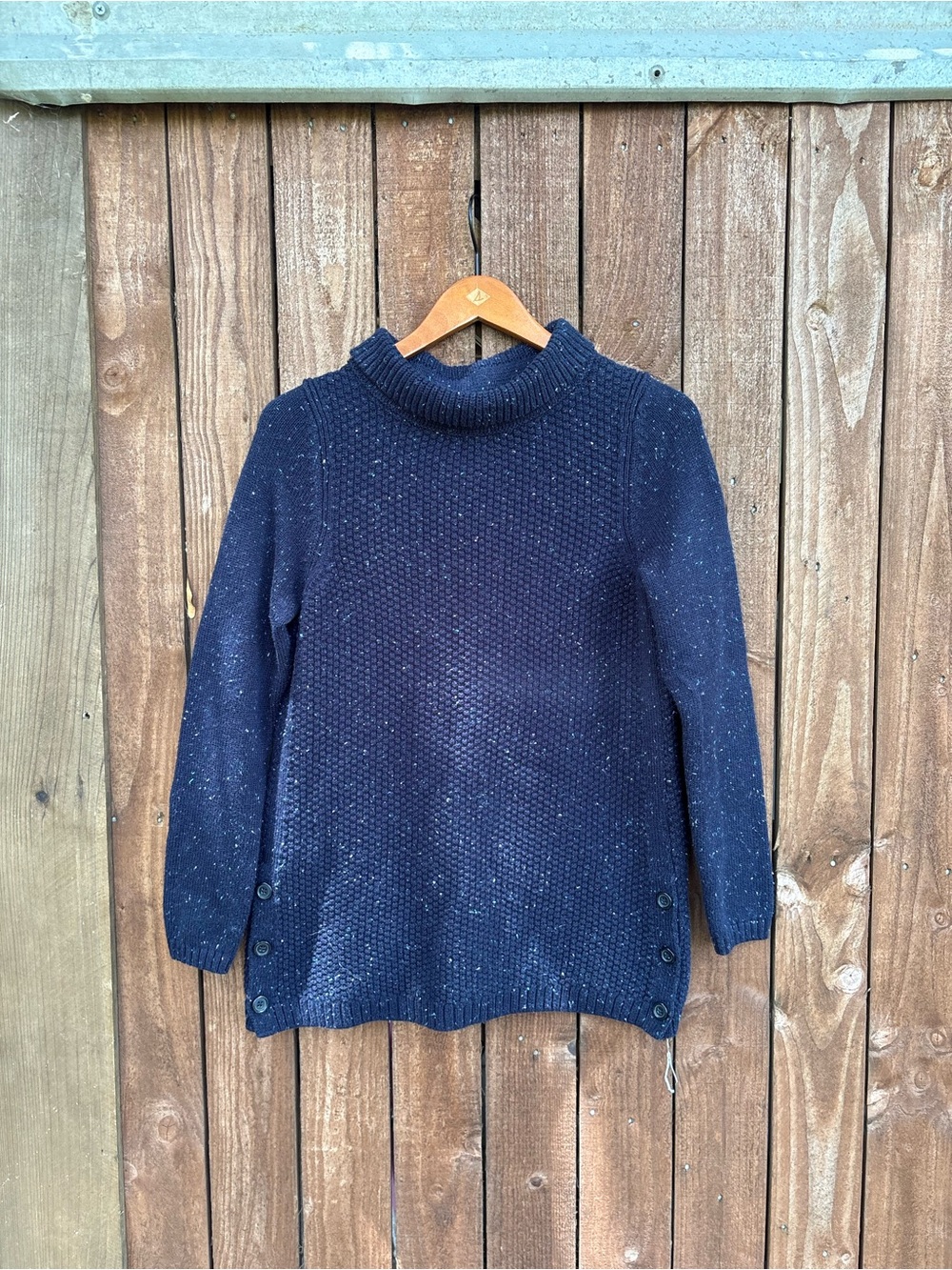 Talbots Navy Speckled Turtleneck Button Hem Knit Sweater